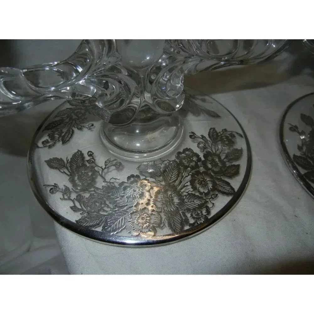 Crystal Candlestick Holder silver City Mid Century, Sterling Silver overlay